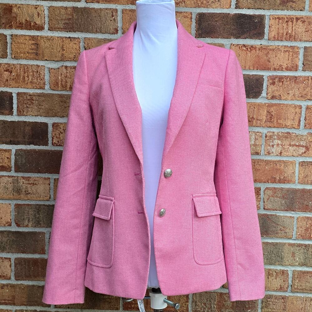 Pink Blazer Size 4 Banana Republic Jacket Wool Herringbone Elbow Patches - Picture 2 of 11